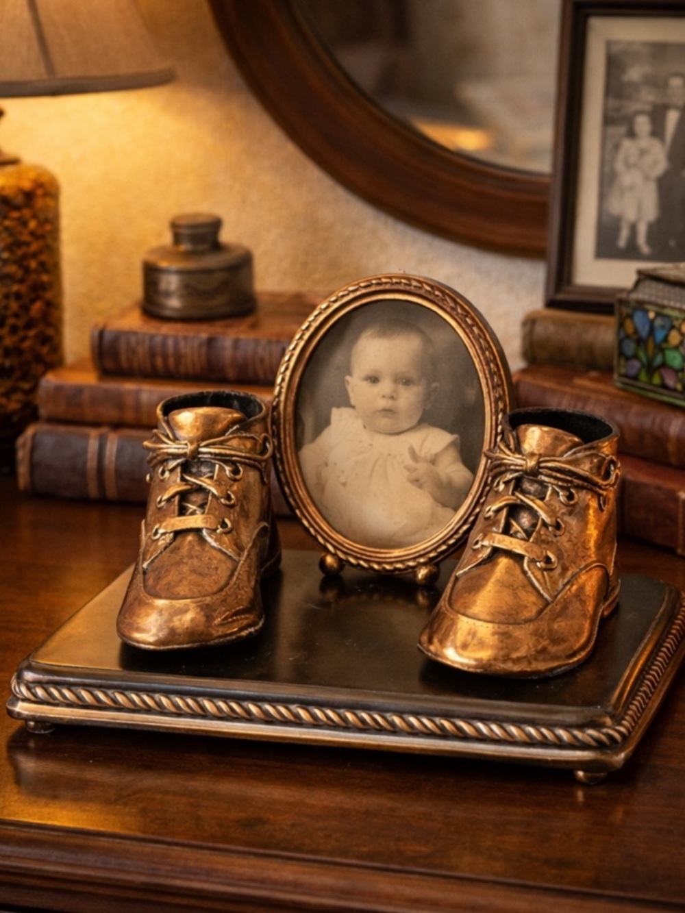 Vintage COPPER BRONZED Baby Shoes with Concave Photo Frame on Stand